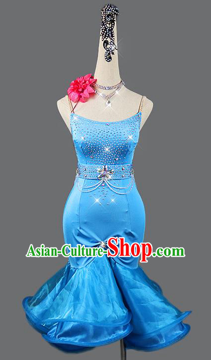 Professional Latin Dance Blue Dress Women Rumba Dance Competition Costume Cha Cha Dancing Fashion Clothing