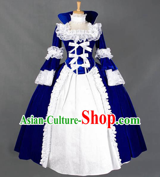 Top Gothic Queen Royalblue Dress Western Court Formal Costume Halloween Performance Full Dress European Middle Ages Garment Clothing