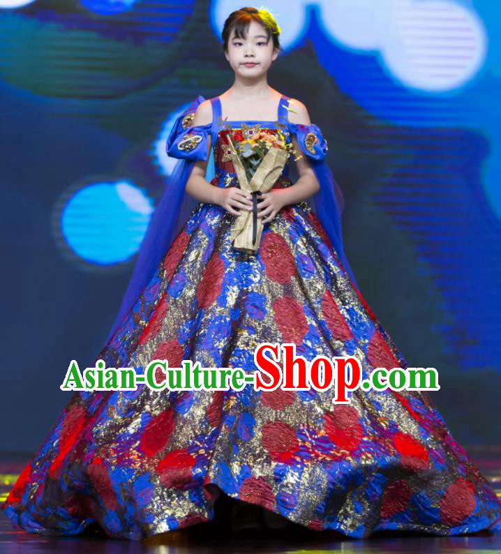 High Compere Garment Costume Kid Baroque Full Dress Children Catwalks Blue Trailing Dress Girl Stage Show Clothing