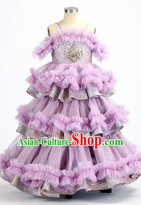 High Quality Stage Show Purple Full Dress Girl Catwalks Fashion Children Layered Dress Piano Performance Clothing