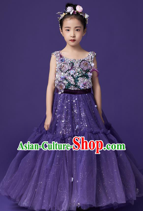 High Quality Girl Catwalks Purple Veil Full Dress Children Dancewear Chorus Compere Clothing Stage Show Fashion Dress