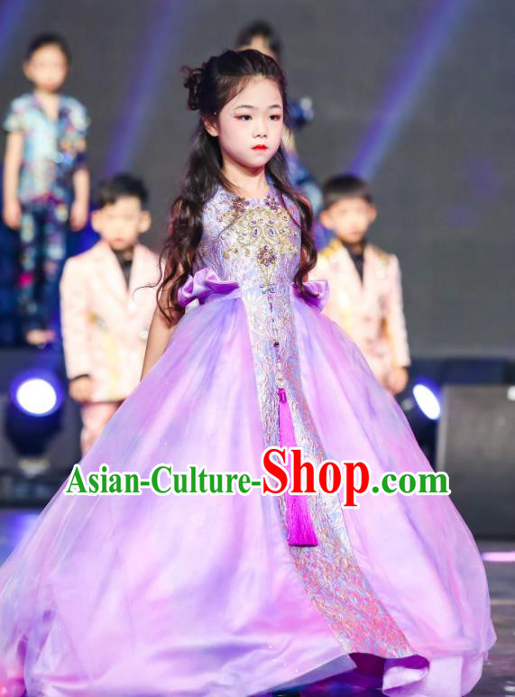 High Children Catwalks Violet Dress Girl Stage Show Clothing Baby Compere Garment Costume Kid Birthday Trailing Full Dress