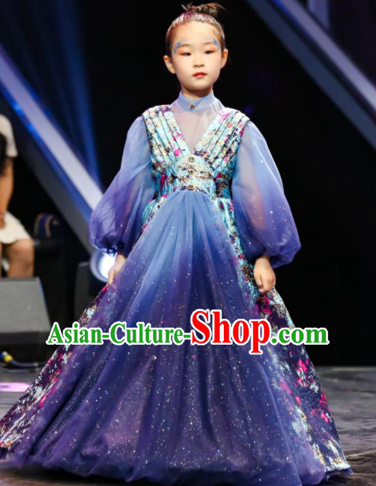 High Kid Piano Performance Full Dress Children Catwalks Trailing Dress Girl Stage Show Clothing Compere Garment Costume