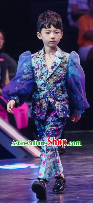 Top Kid Catwalks Blue Uniforms Children Compere Performance Apparels Boys Stage Show Suits
