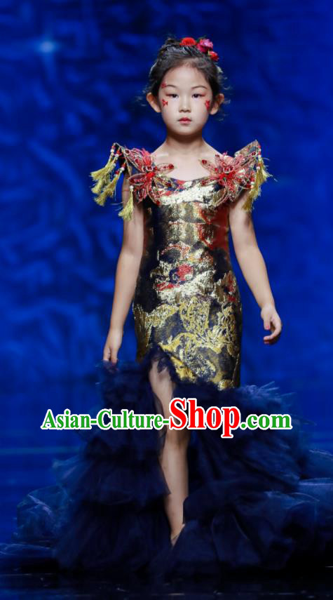 High Children Catwalks Trailing Dress Girl Stage Show Clothing Compere Garment Costume Kid Birthday Full Dress