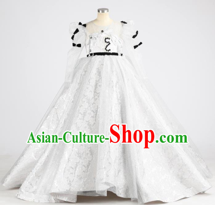 High Kid Performance Full Dress Children Catwalks White Trailing Dress Girl Stage Show Clothing Chorus Garment Costume