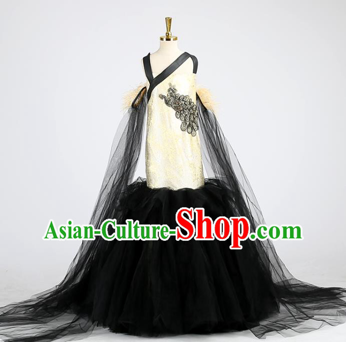 High Stage Show Fishtail Full Dress Girl Catwalks Clothing Children Performance Black Veil Dress Baby Compere Garment Costume