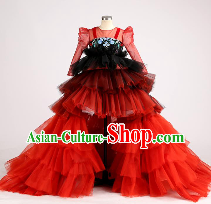High Chorus Garment Costume Kid Performance Full Dress Children Catwalks Red Veil Trailing Dress Girl Stage Show Clothing