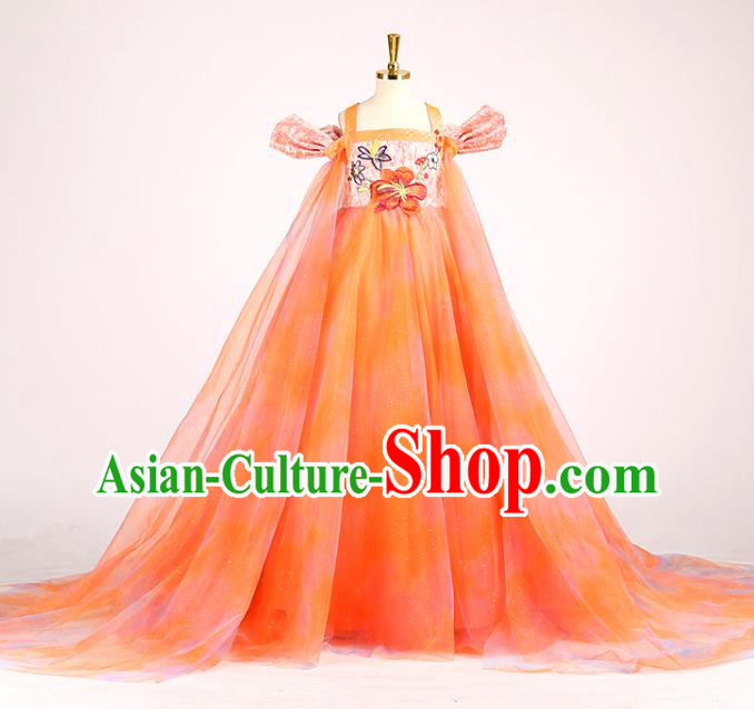 High Children Performance Orange Veil Trailing Dress Baby Chorus Garment Costume Stage Show Full Dress Girl Catwalks Clothing