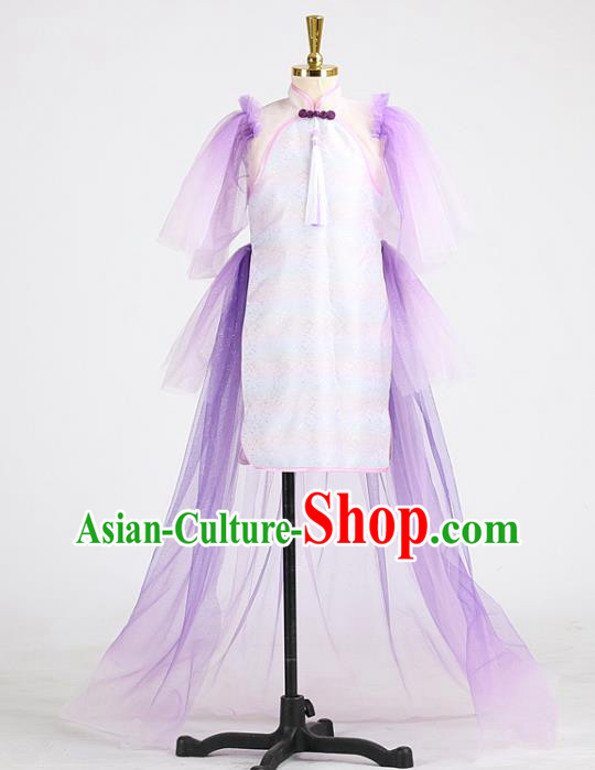 High Girl Chorus Clothing Children Performance Purple Dress Catwalks Garment Costume Stage Show Full Dress