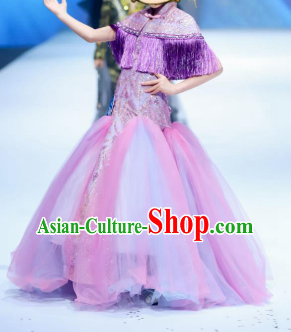 High Children Compere Violet Dress Catwalks Garment Costume Stage Show Full Dress Girl Chorus Clothing