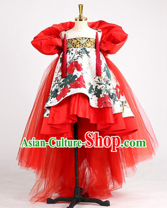 High Girl Chorus Performance Clothing Children Compere Red Dress Catwalks Garment Costume Stage Show Full Dress