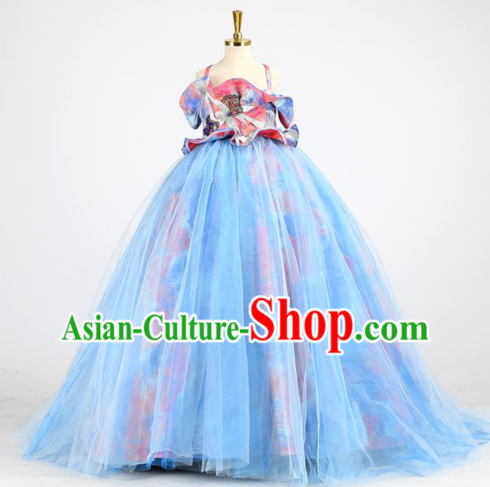 High Girl Model Performance Clothing Children Compere Garments Catwalks Formal Costume Stage Show Blue Veil Full Dress