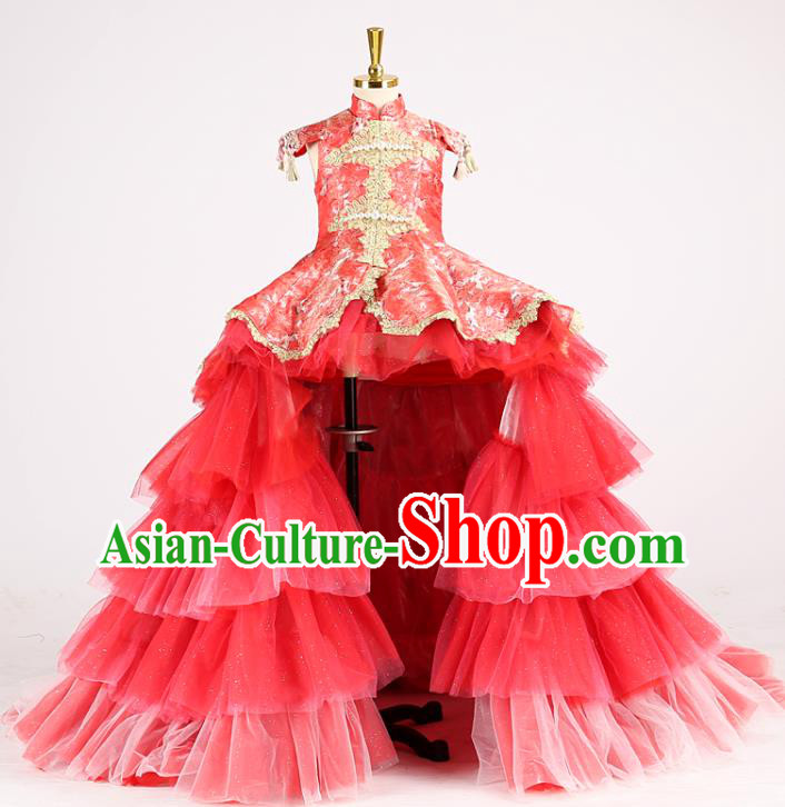 High China Catwalks Formal Costume Stage Show Red Trailing Full Dress Girl Model Performance Clothing Children Compere Garments
