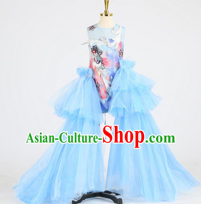 High Girl Model Performance Clothing Children Compere Garments Catwalks Formal Costume Stage Show Blue Full Dress