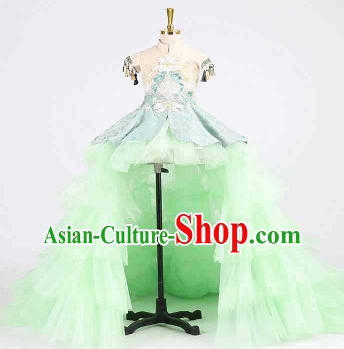 High Stage Show Green Veil Full Dress Girl Model Performance Clothing Children Compere Garments Catwalks Formal Costume