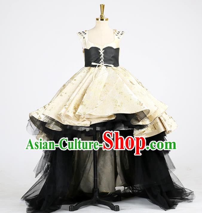 High Children Compere Garments Chorus Formal Costume Stage Show Golden Full Dress Girl Model Catwalks Clothing