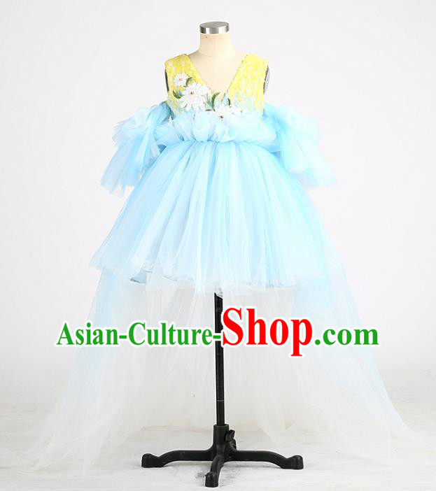 High Children Compere Blue Veil Short Dress Girl Catwalks Clothing Chorus Garment Costume Stage Show Full Dress