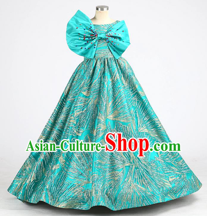 High Stage Show Full Dress Children Compere Green Bowknot Long Dress Girl Catwalks Clothing Chorus Garment Costume