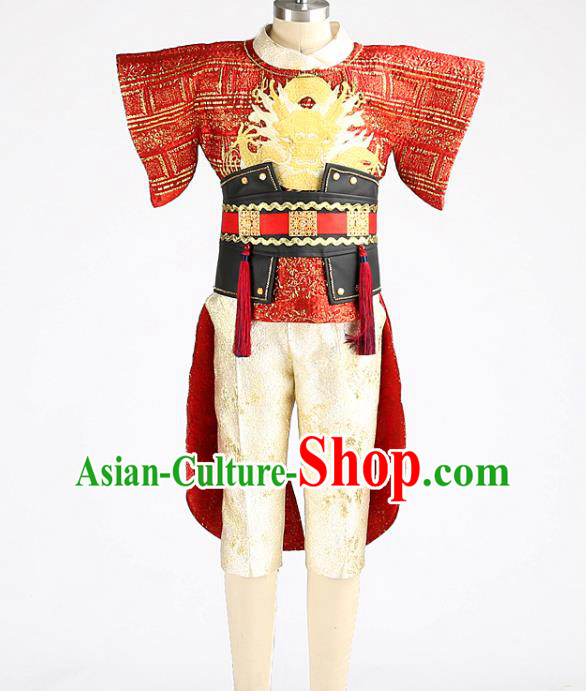 Top China Boys Stage Show Suits Kid Catwalks Red Uniforms Children Drum Dance Performance Apparels
