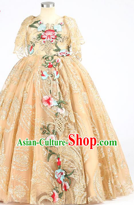 High Children Performance Embroidered Golden Dress Girl Compere Costume Stage Show Princess Full Dress Kid Catwalks Clothing