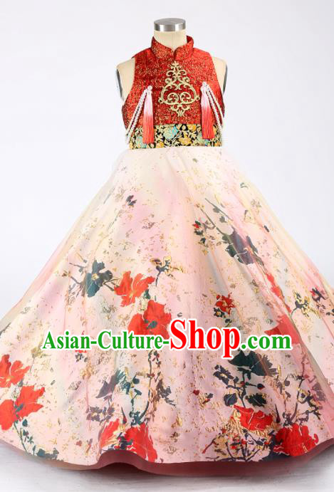 High China Stage Show Full Dress Kid Catwalks Fashion Children Performance Printing Trailing Dress Girl Compere Clothing