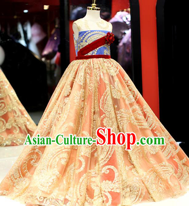 High Girl Catwalks Fashion Children Chorus Performance Golden Dress Baroque Compere Clothing Stage Show Princess Full Dress