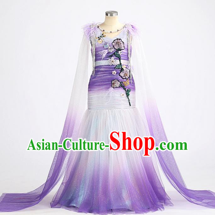 High Stage Show Fishtail Full Dress Girl Catwalks Fashion Children Compere Purple Dress Chorus Performance Clothing
