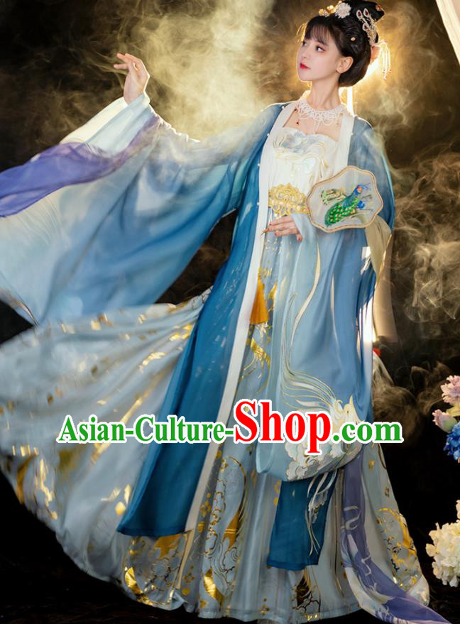 China Ancient Tang Dynasty Princess Blue Hanfu Dress Traditional Palace Historical Clothing for Women