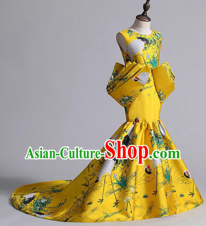 China Printing Crane Yellow Trailing Dress Girl Catwalks Clothing Stage Performance Garment Costume Children Dance Wear