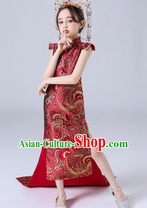 China Children Classical Dance Qipao Dress Compere Trailing Red Dress Girl Catwalks Clothing Stage Performance Garment Costume