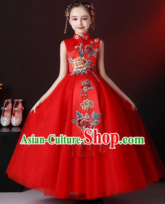 China Stage Performance Garment Costume Children Classical Dance Red Dress Compere Dress Girl Catwalks Clothing