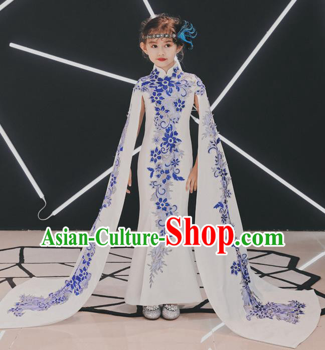 China Children Classical Dance Embroidered Qipao Dress Compere Trailing Dress Girl Catwalks Clothing Stage Performance Garment Costume