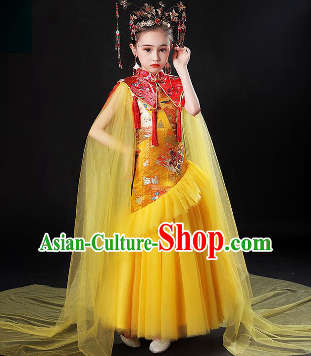 China Compere Garment Costume Girl Catwalks Yellow Formal Dress Stage Performance Clothing Children Classical Uniforms