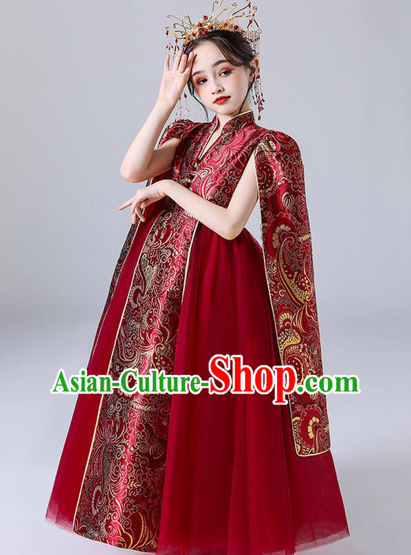 Custom Children Dancewear Girl Compere Fashion Clothing Stage Show Red Long Dress Catwalks Princess Full Dress