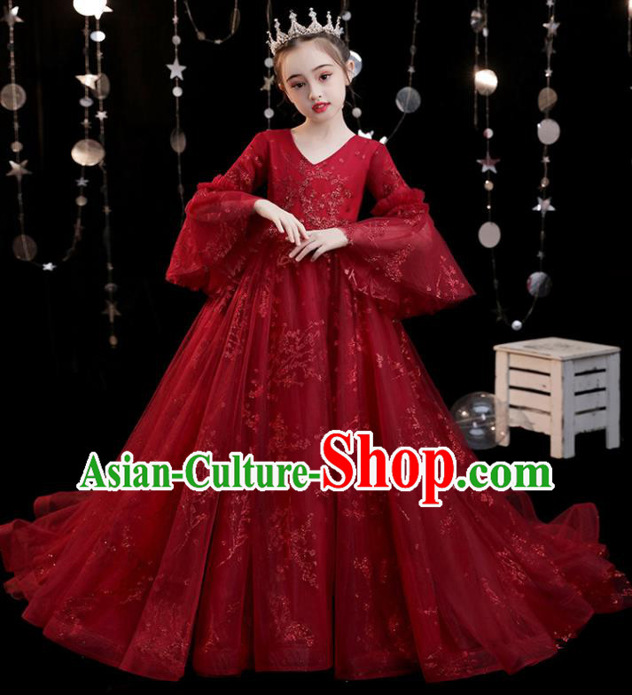 Custom Compere Fashion Clothing Girl Stage Show Red Trailing Dress Catwalks Full Dress Children Birthday Garment