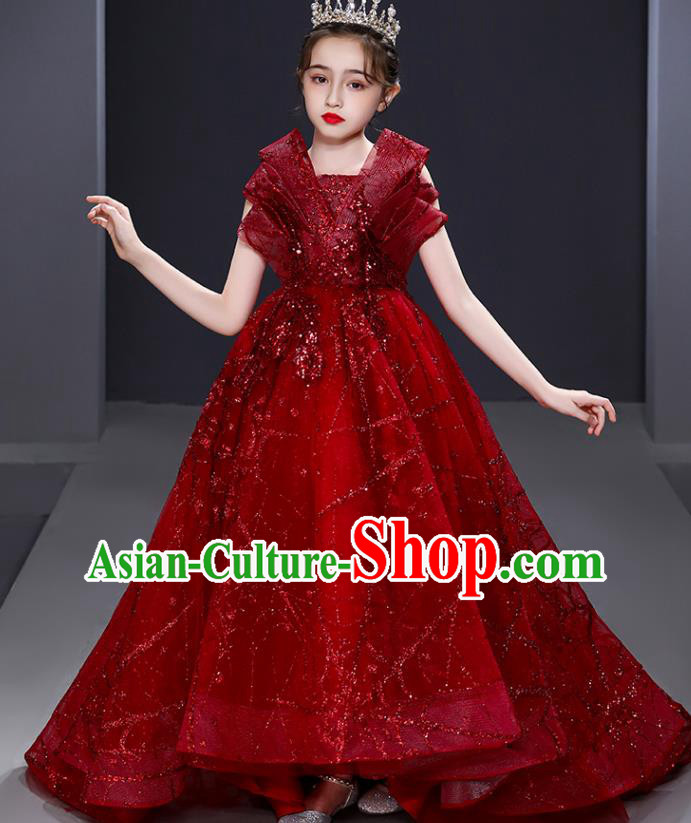 Custom Children Birthday Garment Compere Fashion Clothing Girl Stage Show Red Trailing Dress Catwalks Full Dress