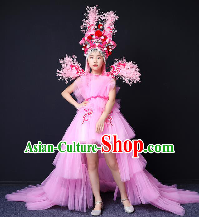 Custom Children Birthday Garment Compere Fashion Clothing Girl Stage Show Pink Veil Trailing Dress Catwalks Full Dress