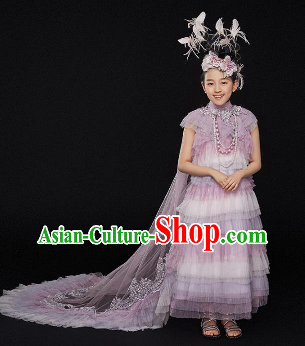 Custom Catwalks Princess Full Dress Children Birthday Garment Compere Fashion Clothing Girl Stage Show Lilac Veil Dress