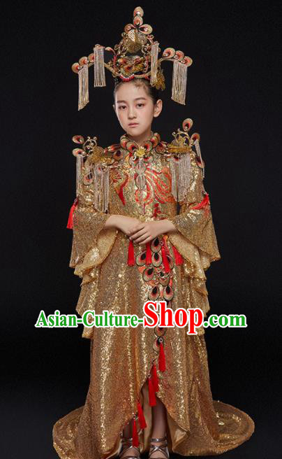 China Girl Catwalks Fashion Children Performance Clothing Classical Dance Golden Trailing Dress Uniforms Compere Garment Costumes