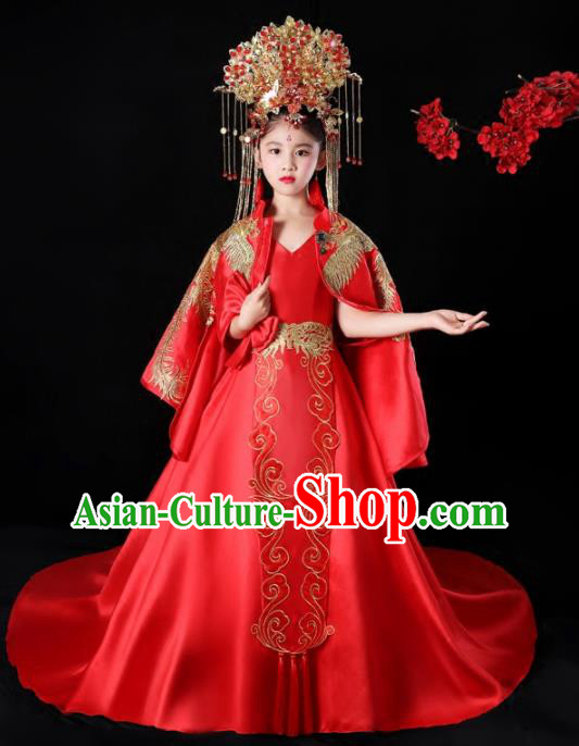 China Children Performance Clothing Classical Dance Red Trailing Dress Compere Garment Costumes Girl Catwalks Fashion