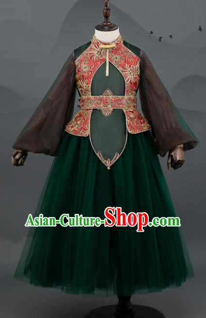 China Chorus Garment Costumes Girl Catwalks Fashion Children Performance Clothing Classical Dance Green Dress