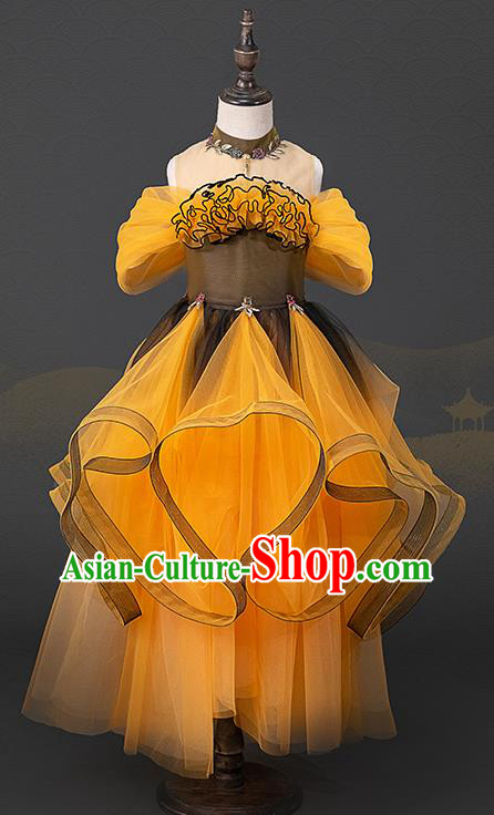 Custom Princess Yellow Full Dress Kid Performance Clothing Children Compere Bubble Dress Girl Piano Recital Fashion