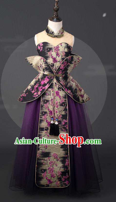 Custom Kid Performance Clothing Children Compere Bubble Dress Girl Piano Recital Fashion Princess Purple Veil Full Dress