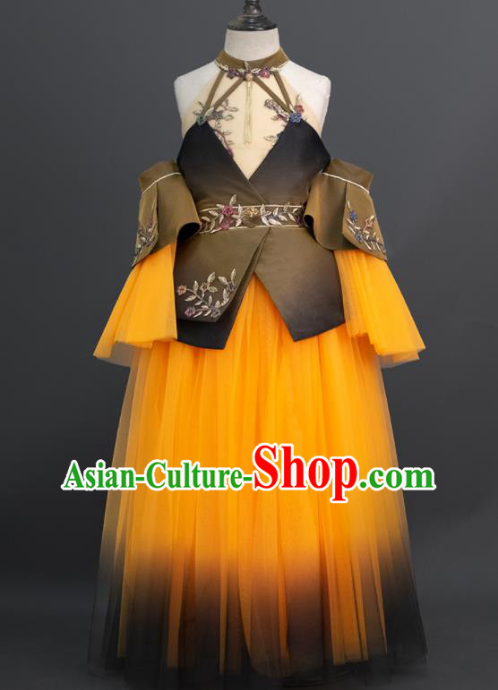 Custom Princess Yellow Veil Full Dress Kid Compere Formal Clothing Children Piano Recital Dress Girl Birthday Fashion