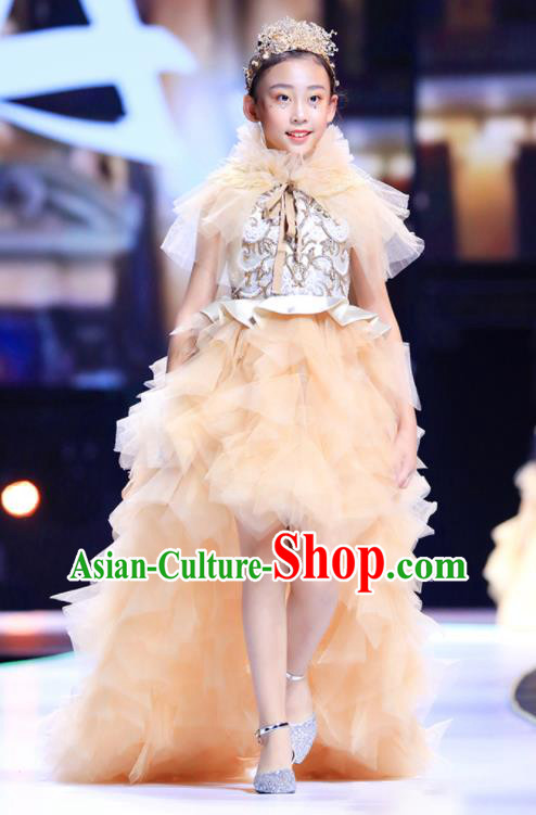Custom Girl Champagne Full Dress Flowers Fairy Clothing Kid Stage Performance Trailing Veil Dress Children Catwalks Garment
