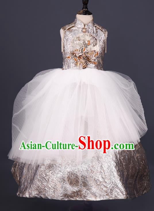 China Catwalks Fashion Costume Children Chorus Clothing Tang Suits Golden Dress Girl Stage Show Apparels