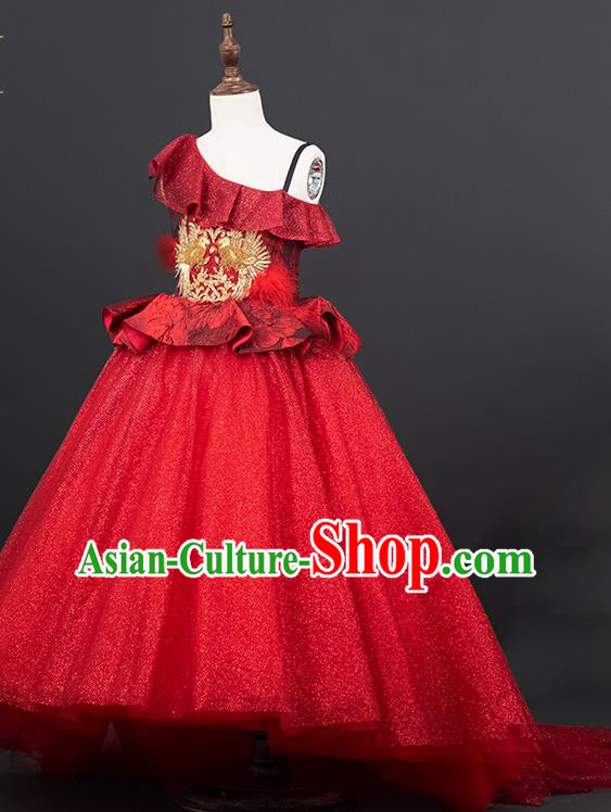 Custom Girl Birthday Fashion Princess Red Veil Full Dress Kid Formal Clothing Children Piano Recital Trailing Dress