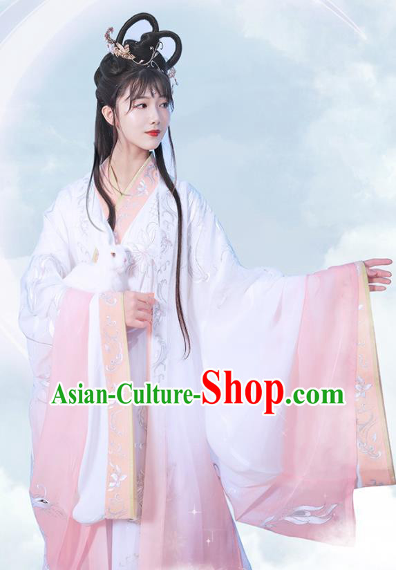 China Traditional Jin Dynasty Court Princess Historical Clothing Ancient Moon Goddess Pink Hanfu Dress for Women