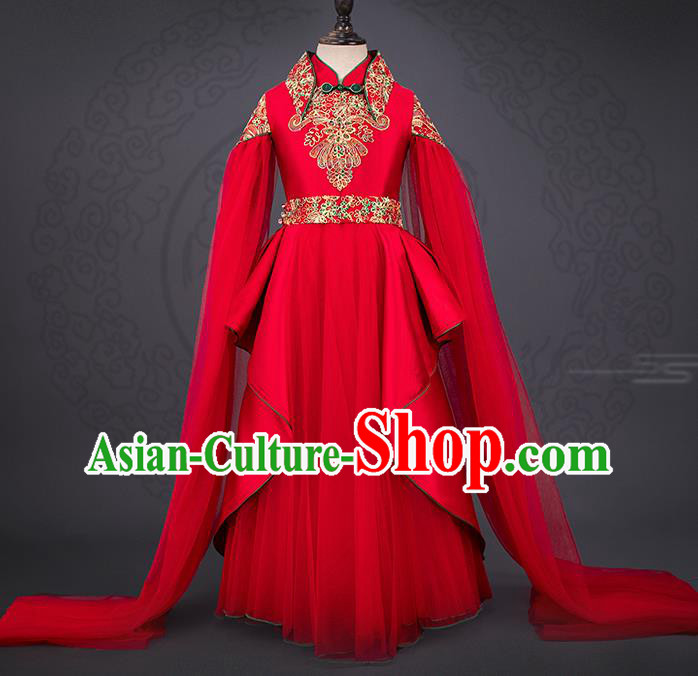 China Children Tang Suits Catwalks Red Dress Stage Performance Clothing Girl Classical Dance Garment Costume